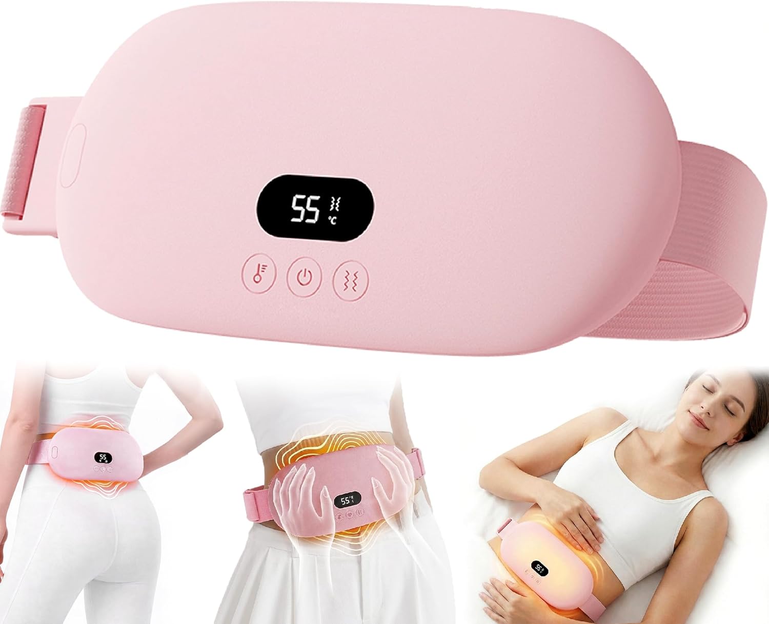 Heating Pad for Period Cramps, Cordless Rechargeable Wearable Heating Belt with Massage Vibration, 5 Heat Levels, Auto Shut-Off, Soft Flannel Comfort